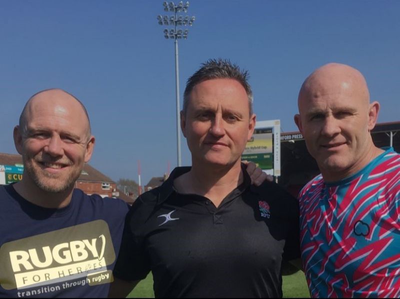 Phil Watters, centre, with Mike Tindall, left, and ex-Great Britain rugby league star Keith Senior when he refereed a cross-code game at Kingsholm