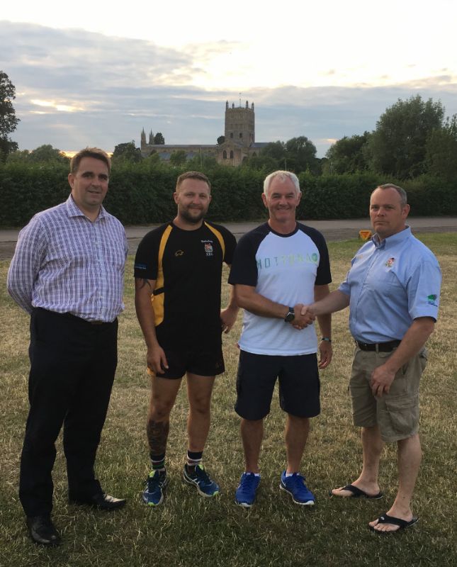 Billy McGinty, second from right, with, from left, assistant coach Martin Thomas, 1st XV captain Joel Bond and director of rugby Nick Smith