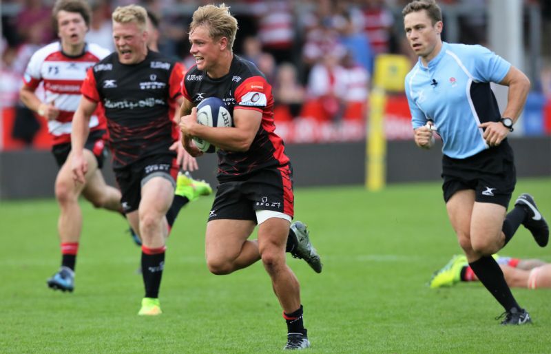 Harry Cochrane on the way to scoring his second try against Gloucester