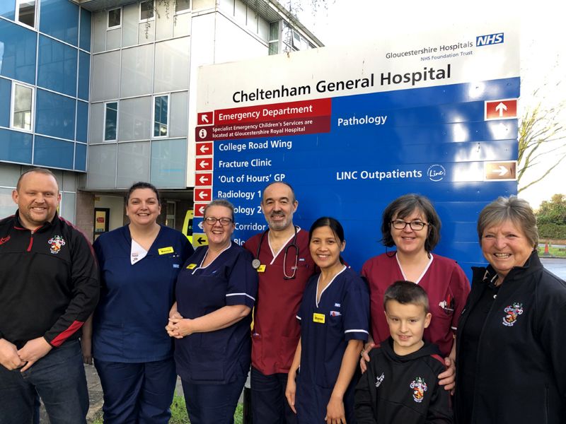 From left: Daniel Hodge, Cheltenham North mini and junior chairman and 1st team player, Becca Shaw, Kathy Agg, Luis Sousa, Sharon Tano, Claire Lloyd, Cheltenham North Under-8 player Theo Hodge,  and chairman of Cheltenham North’s Supporters’ Association Betty Kedward