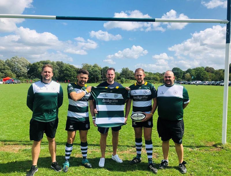 From left, Richard Planchant (head coach) Dan Yeates (chairman), Dean Barnard (Partner, Dee & Griffin Solicitors, main sponsor), Dan Probin (club captain) and Mark Peacey (forwards coach)