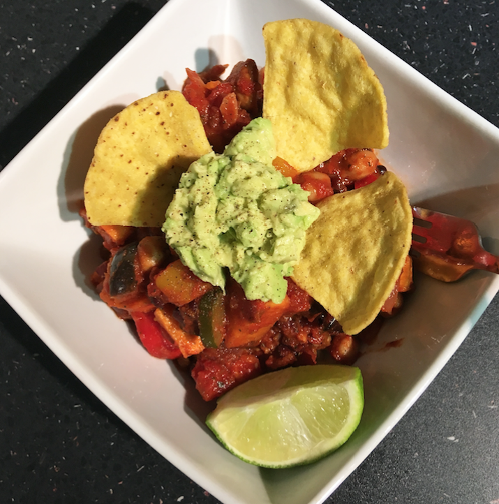 Smoky vegan chilli with roasted sweet potato and aubergine