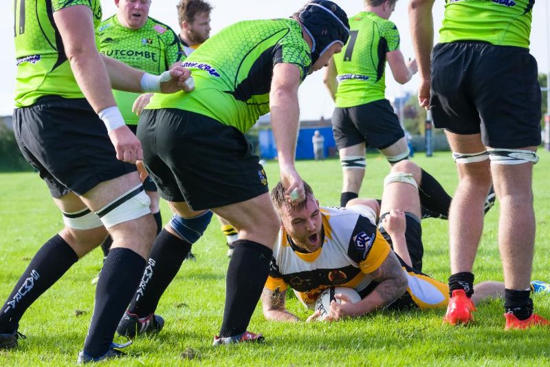 Tom Anderson celebrates as he scores a try earlier this season against Yatton. Picture, Shaun Lafferty