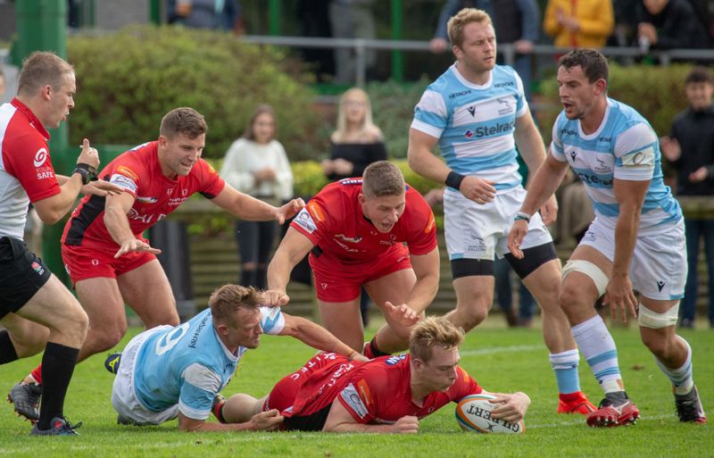 Joe Margetts scores for Hartpury versus Newcastle Falcons last week. Picture, LNC Images