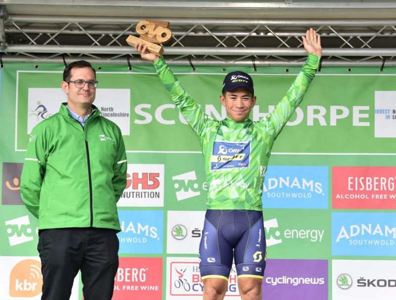 Caleb Ewan celebrates his stage three win