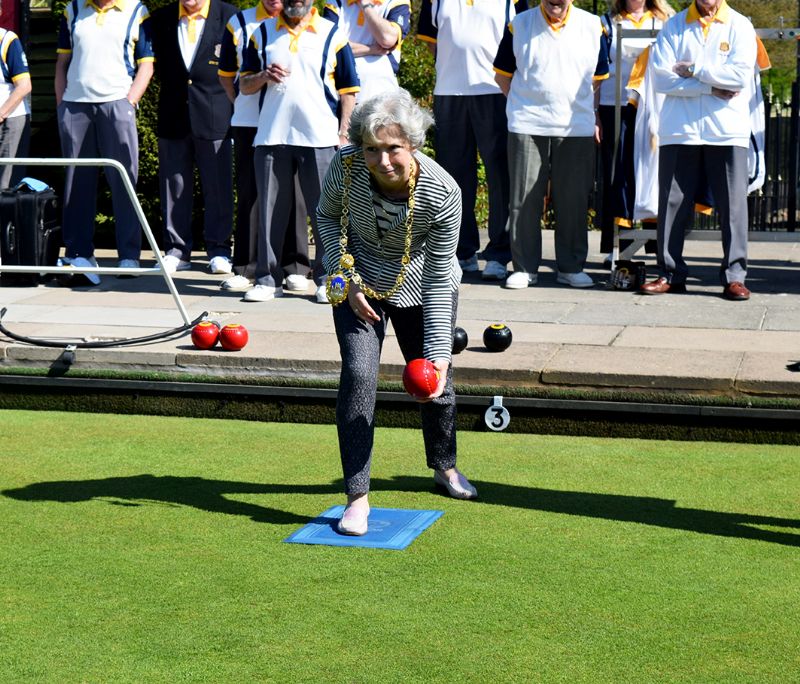 Tewkesbury Town Mayor Councillor Karen Brennan bowls the first wood to open the season at Tewkesbury Bowling Club