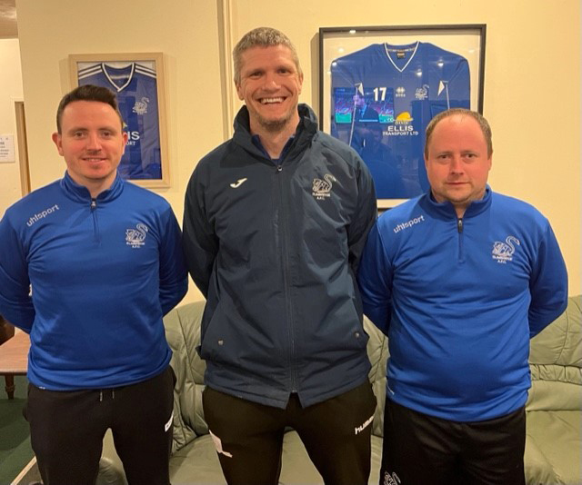 Slimbridge manager Tom Speers, centre, with Adam Coyle, left, and Tom Deakin