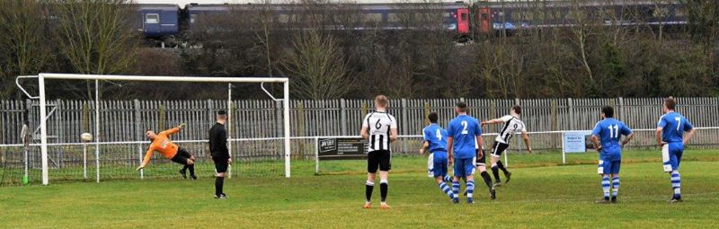 Liam Gale scores with a penalty for Stonehouse against Little Stoke