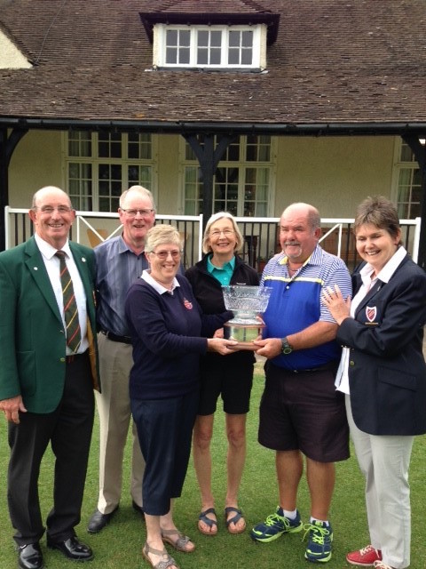 Ian Watkins (chairman of Gloucestershire Golf Partnership), Hugh Fitzsimons, Rita New, Barbara Smyth, Trevor Martin and Sue Rawles (Vice-president, Gloucestershire Ladies’ County Golf association)