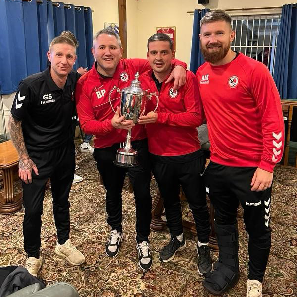 Chalford manager Ben Powell, second from left, with from left, coach/secretary Gary Smith, assistant manager Ben Newman and player/coach Andy Maryon. Picture: Brian Rossiter