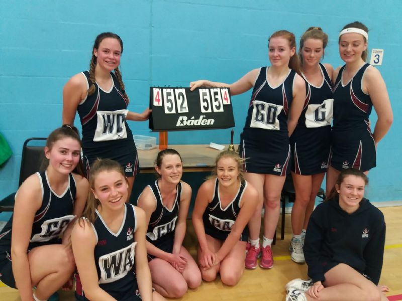 Old Chelts players Katie Allford (GS), Charlotte Parsons (GA), Rosie McMahon (WA), Josie Robinson (C), Ella Devlin (WD), Maddy May Tasney (GD), Ella Macinnie (GK), Emily Lacy and Sophie Howes