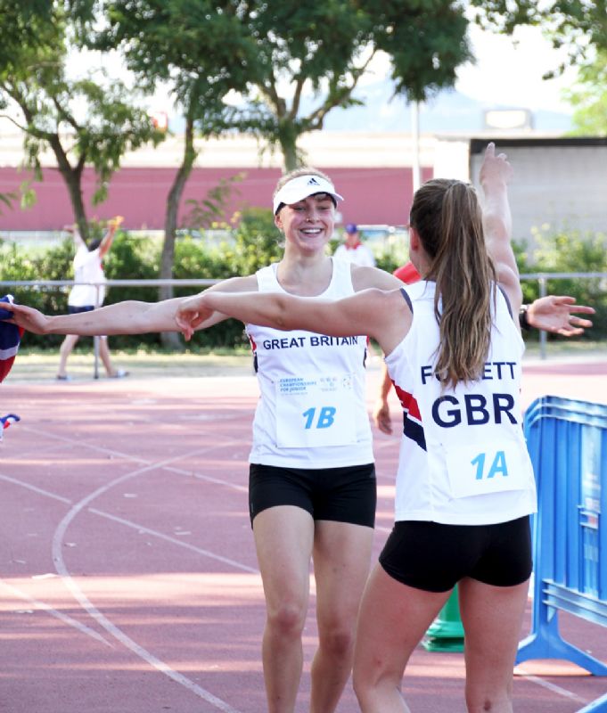 Zoe Davison celebrates with GB team-mate Charlie Follett. Picture, Phil Sutton