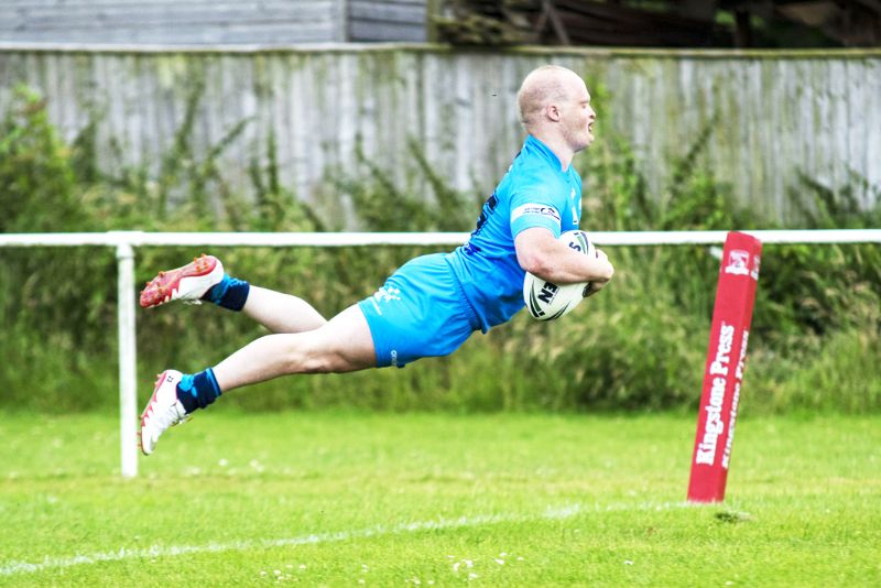 James Royle flies in to score for the All Golds. Picture, Lewis Mitchell Photography