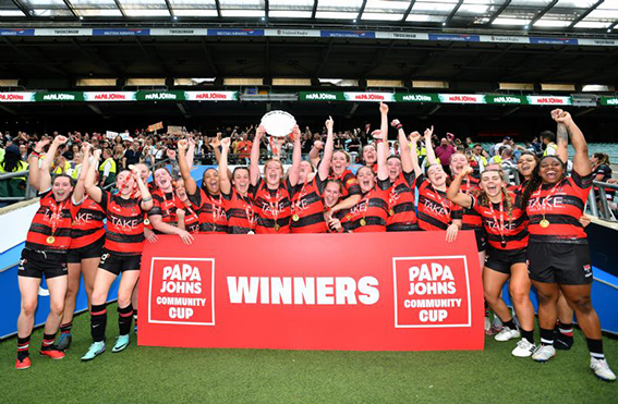 Cheltenham Tigers Women celebrate their win over Thurrock Ladies at Twickenham last year