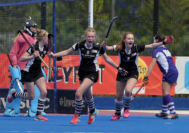 Sasha Green celebrating her drag flick goal for the under-18s