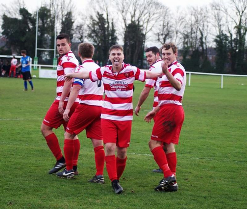 Joe McCauley, centre, celebrates another Cheltenham Civil Service goal with, from left, Dan Wills, Josh Goodhall, Mark Jones and Stu Midwinter