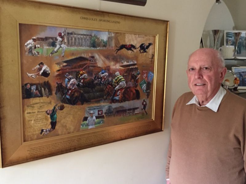 Chris Coley alongside a painting which enjoys a special place in his home in Cheltenham. The painting is the work of artist David Dent and portrays many of Coley’s sporting achievements. The painting was commissioned by his good friend Edward Gillespie to mark Coley’s 60th birthday and is entitled ‘Chris Coley – Sporting Legend’