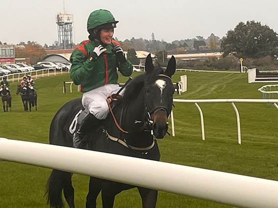 Jockey Tabitha Worsley with Sweet Serene  in the Turf Wars Racing Club colours at Hereford