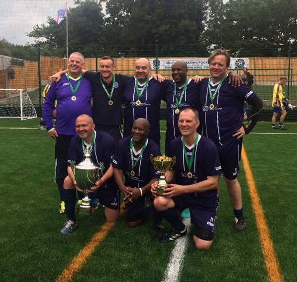 Dave Norton (front, left) after Birmingham Walking Football Club’s League Champions Cup win